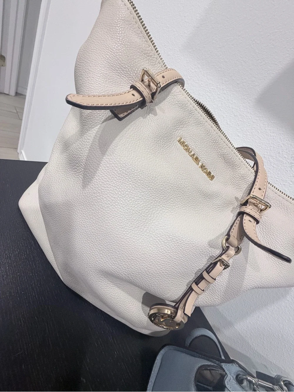 Michael Kors Cream Pebbled Tote with Light Blue Crossbody Set